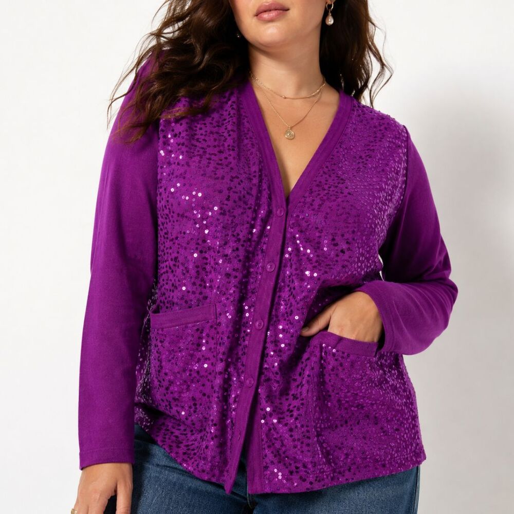 Bob Mackie Wearable Art Cardigan Large Purple Sequin Embellished Statement Top